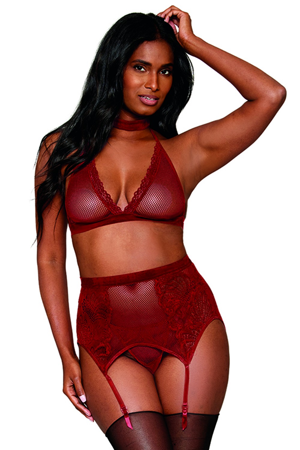 set lingerie quattro pezzi bordeaux pizzo rete bralette senza ferretto perizoma reggicalze elastico velluto trasparente sexy elegante