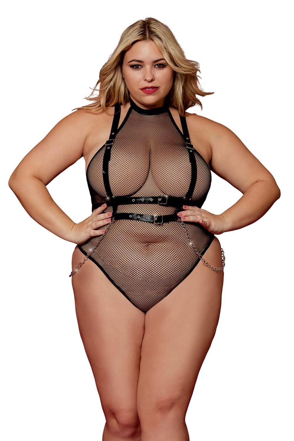 Body rete taglie forti imbracatura similpelle catene regolabili stile fetish sensuale elegante raffinata seducente