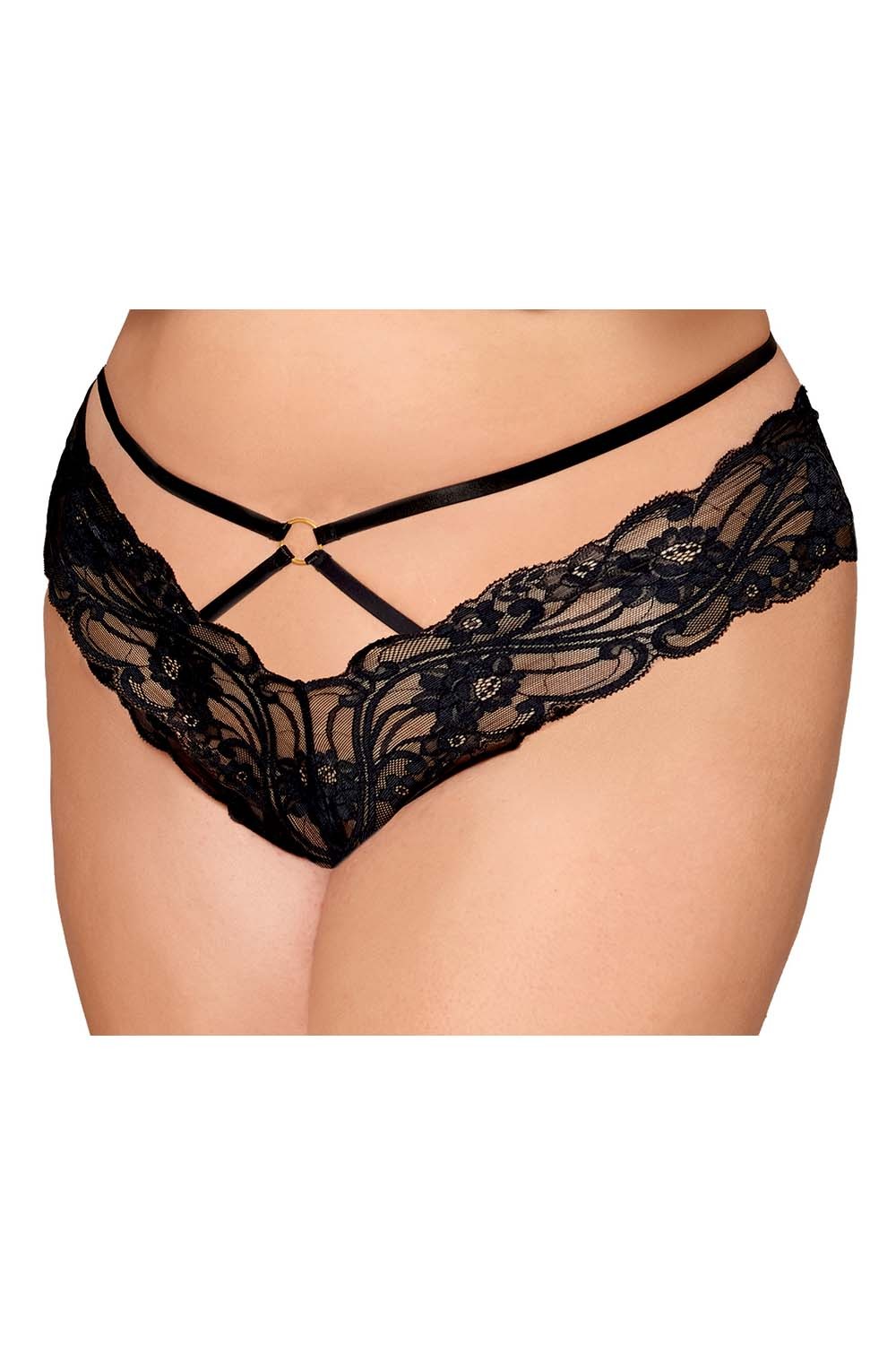 Mutandine pizzo nero taglia grande cinturini regolabili catene dorate design seducente sensuale elegante raffinata