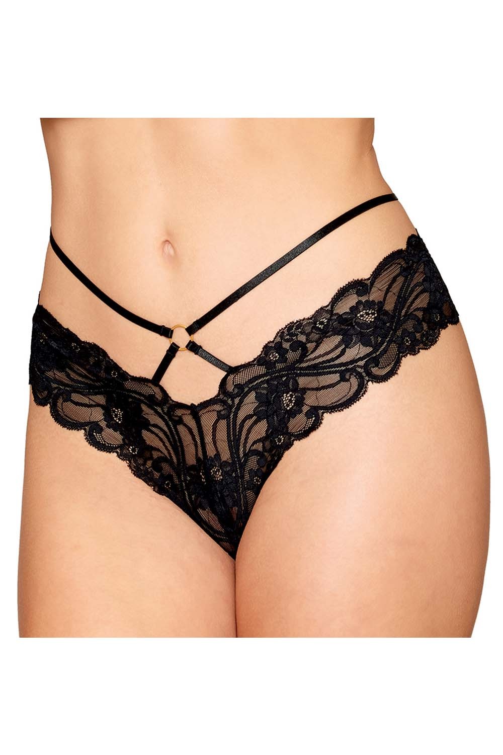Culotte in pizzo nero con cinturini sottili e catene dorate design elegante seducente raffinato