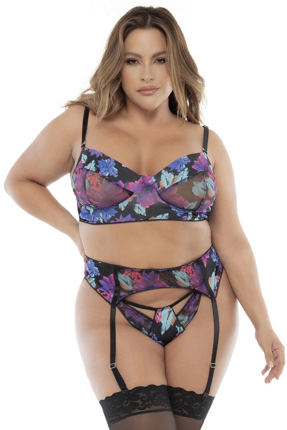 Set lingerie nero tre pezzi taglia grande fiori esotici reggiseno slip reggicalze elegante raffinato