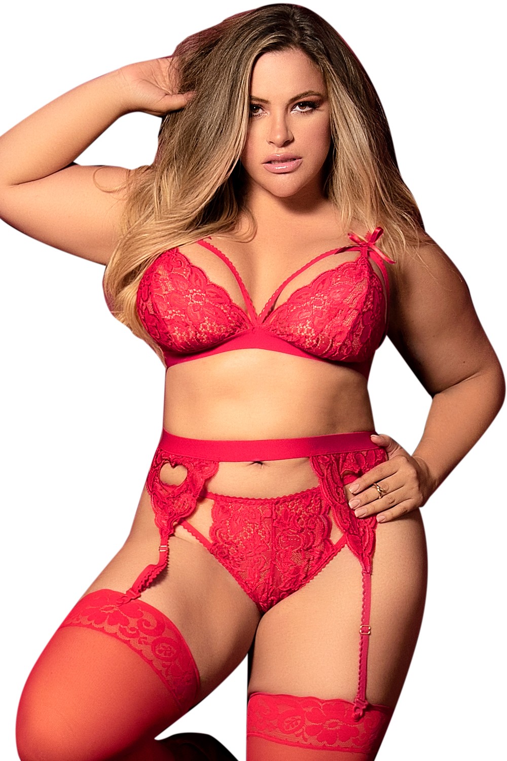 Completo intimo rosso pizzo motivi floreali reggiseno perizoma reggicalze donna sensuale elegante raffinata seducente