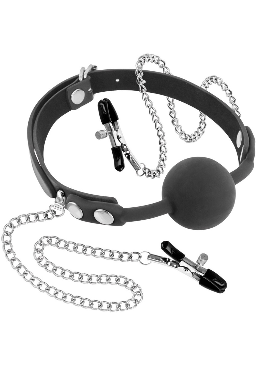 Bavaglio sfera regolabile pinze capezzoli catene metallo design funzionale minimalista sensuale elegante raffinata seducente