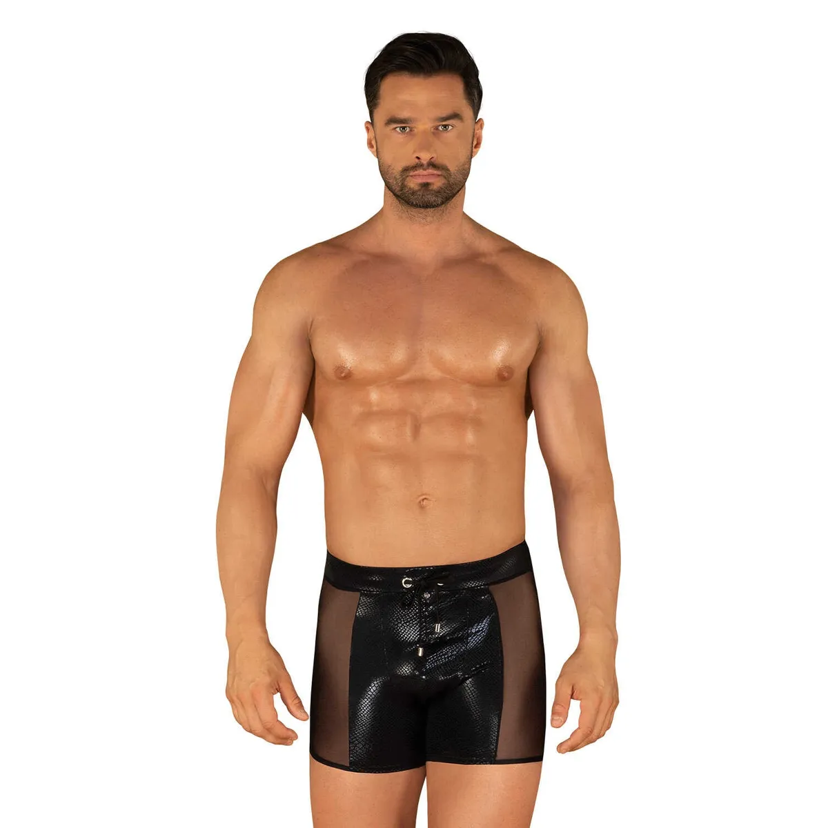 Costume da bagno uomo punta negra nero tessuto lucido rete trasparente sensuale elegante raffinata