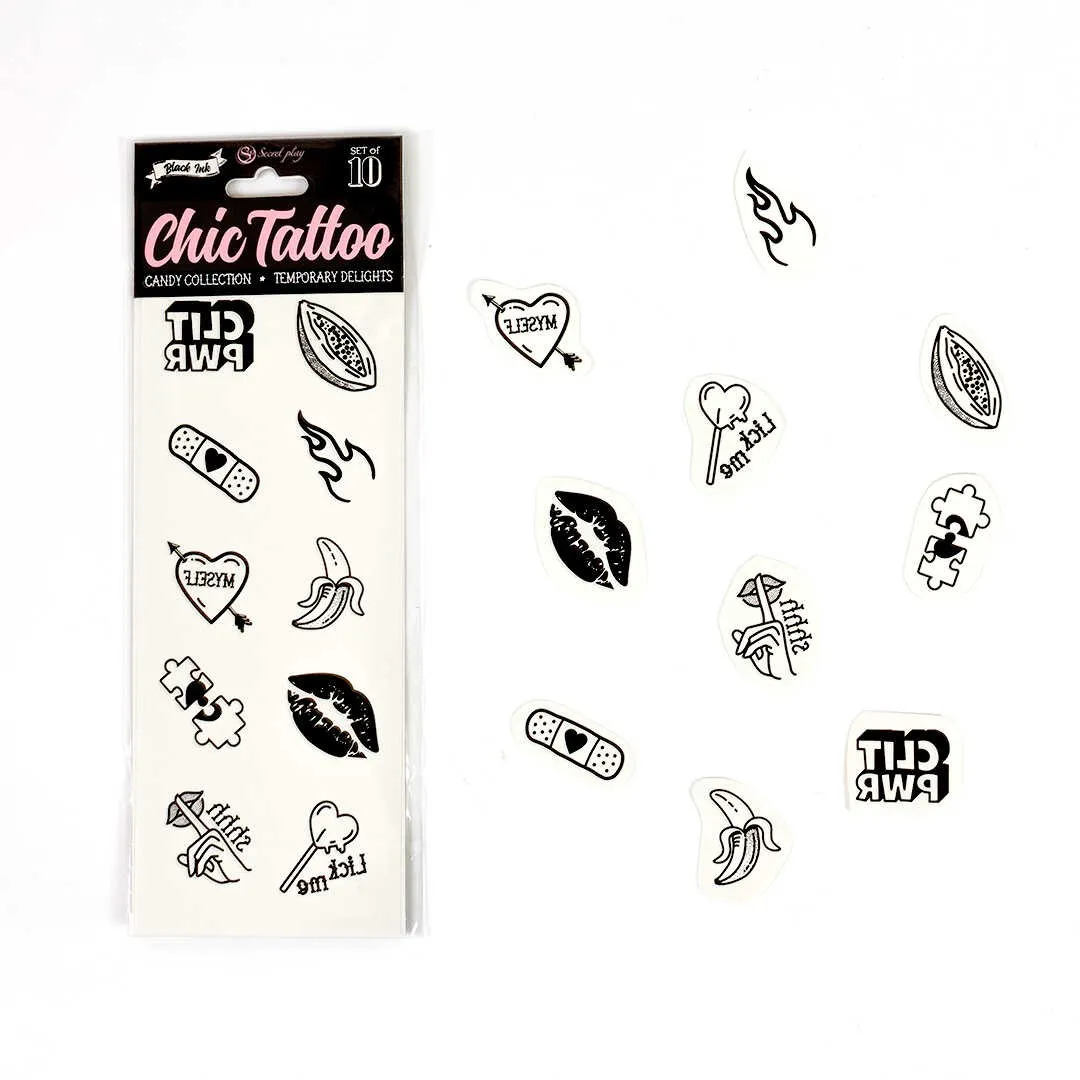tatuaggi temporanei sexy candy collection set dieci seducenti femminili audaci sensuali erotici trasgressivi cuori labbra banane frecce adesivi lucido italiano