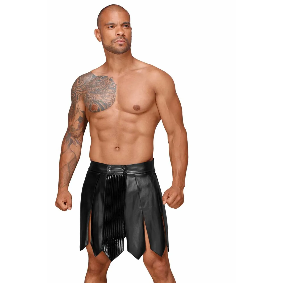 gonna gladiatore vinile uomo seducente sensuale elegante raffinata ecopelle lucida plissettata morbida stretch modellante audace fetish notte clubwear esclusiva resistente