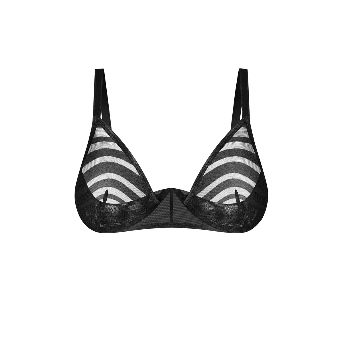 reggiseno pizzo nero elegante sensuale trasparente righe bianche orizzontali triangolare coppe morbide sostegno avvolgente spalline sottili regolabili posteriore
