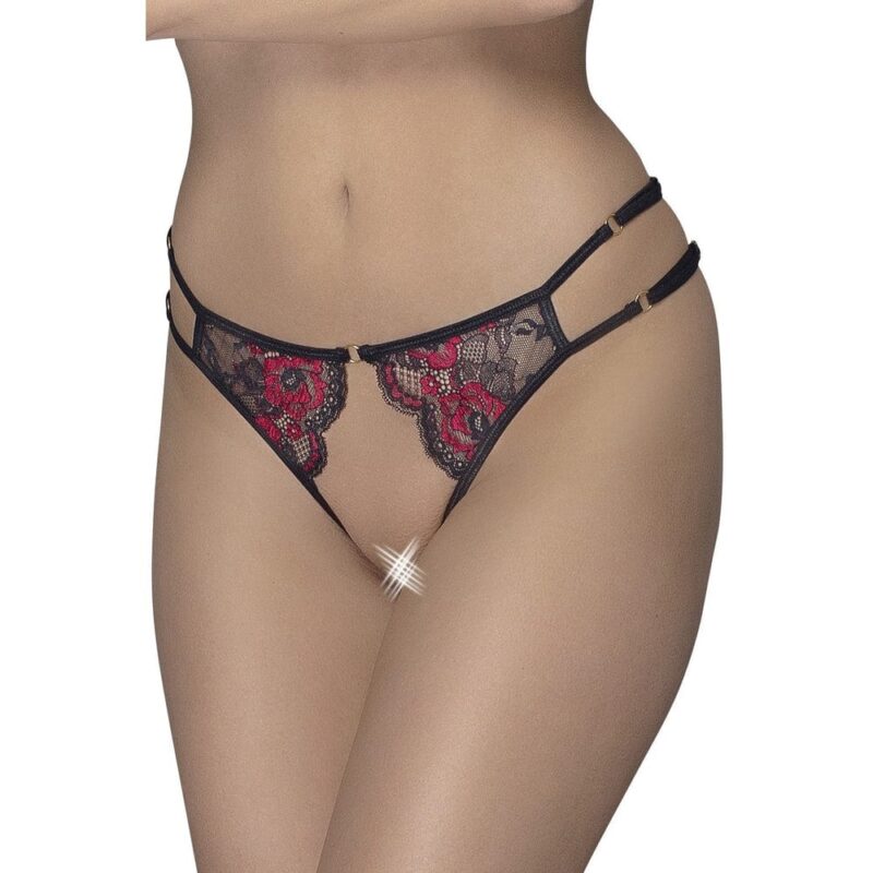 Mutandine Aperte In Pizzo Floreale Rosso E Nero - R23221451101