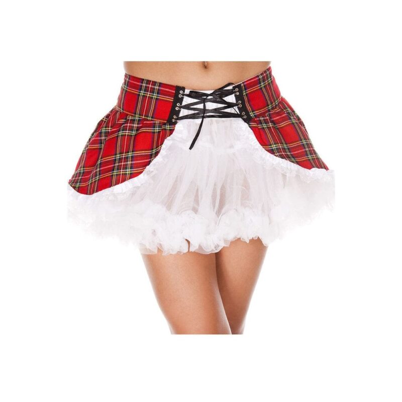Sottoveste Sexy Bianca Con Fianchi E Allacciatura In Tartan Rosso - Ml725Wht