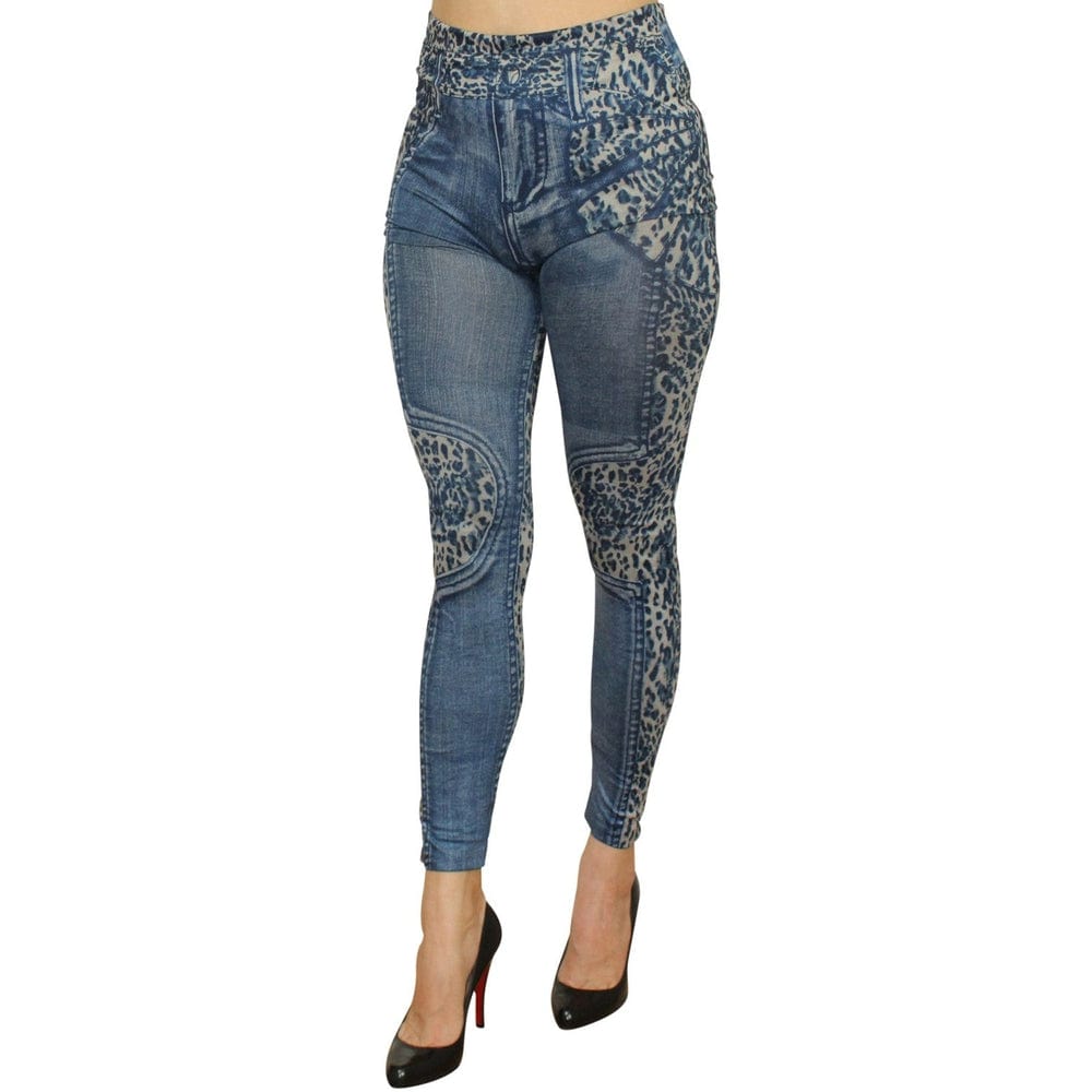 Leggings In Denim Lavato Blu Con Stampa Leopardo – Fd1017