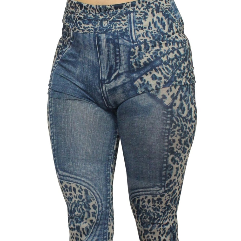 Leggings In Denim Lavato Blu Con Stampa Leopardo – Fd1017