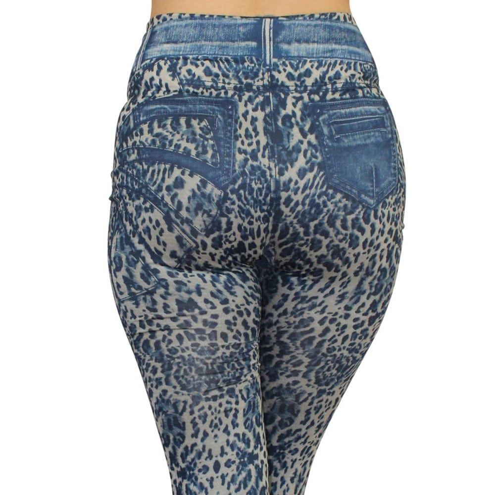 Leggings In Denim Lavato Blu Con Stampa Leopardo – Fd1017