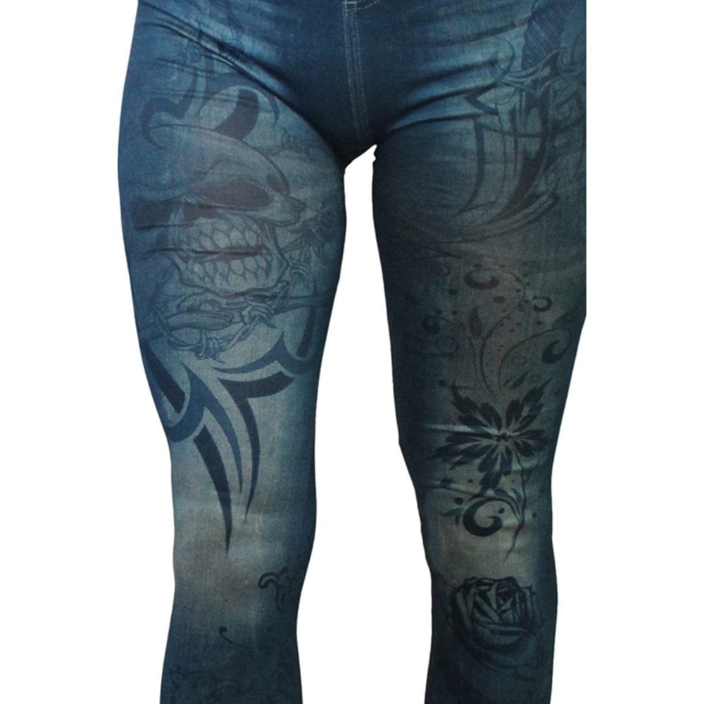 Leggings Blu Effetto Denim Con Stampa Tatuaggio – Fd1019