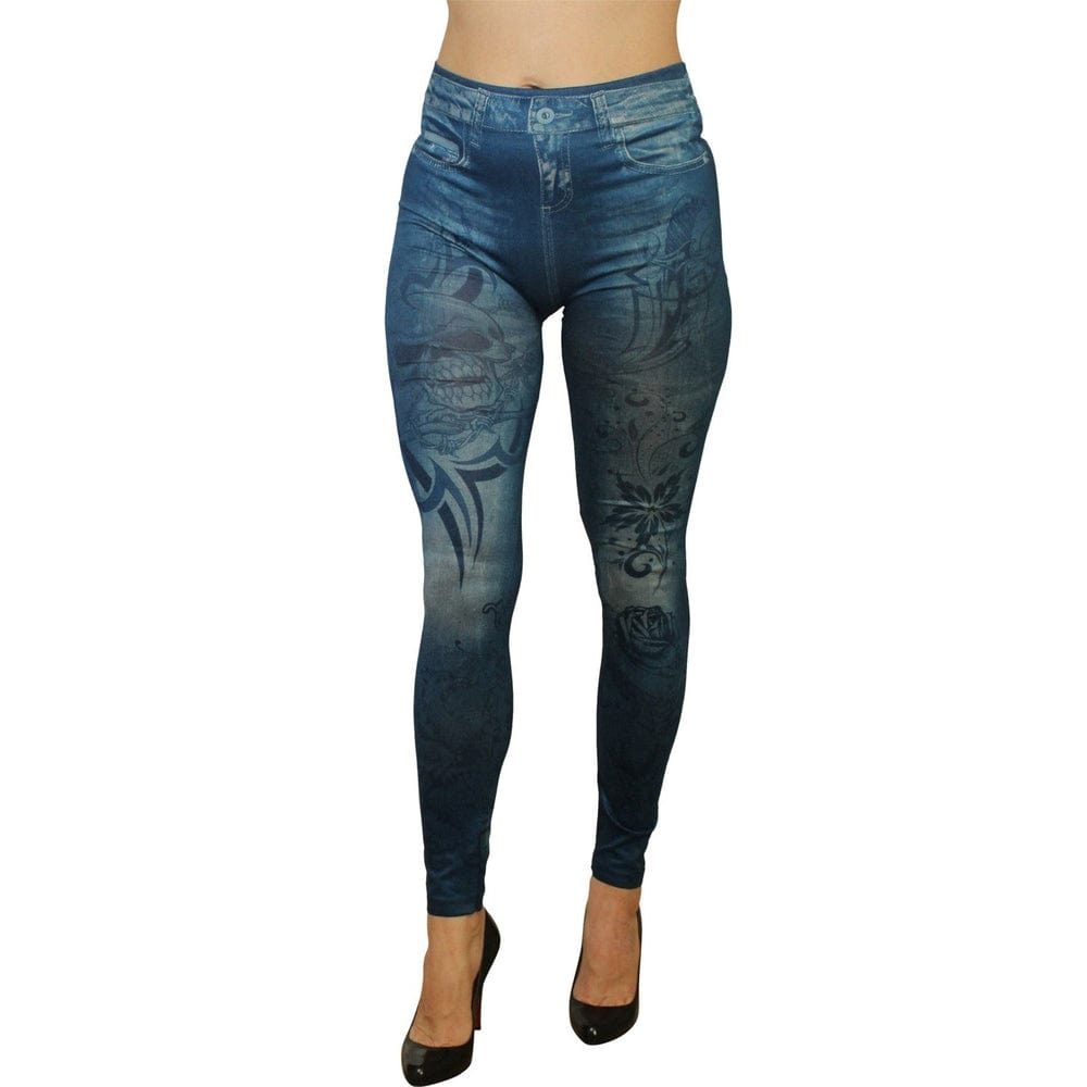 Leggings Blu Effetto Denim Con Stampa Tatuaggio – Fd1019