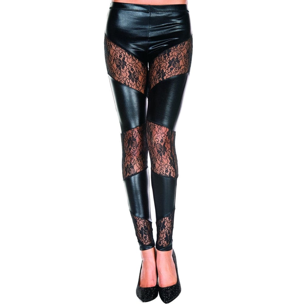 Leggings Neri In Wetlook Con Bordo In Pizzo Floreale – Mh35134Blk