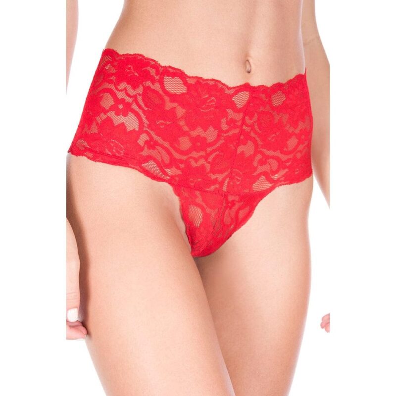 Perizoma Rosso A Vita Alta Con Ampia Fascia In Pizzo Floreale - Ml10021Red