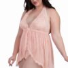 Body perizoma taglie forti scollo babydoll aperto pizzo tulle rosa elegante sensuale raffinata seducente