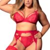 Completo intimo rosso pizzo motivi floreali reggiseno perizoma reggicalze donna sensuale elegante raffinata seducente