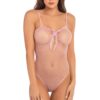 Body rosa sgambato in rete fine con pizzo fiocco spalline sottili regolabili elegante seducente