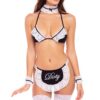 Costume cameriera quattro pezzi nero pizzo bianco reggiseno perizoma grembiule polsini collarino calze sexy
