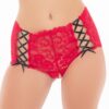 Shorty rosso pizzo elegante vita media nastri incrociati neri sensualità femminile raffinata seduzione sofisticata