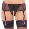 Perizoma aperto in rete nera cuori fiocchi rosa con reggicalze elegante seduzione raffinata femminile
