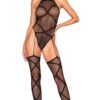 Body nero in rete elegante collo alto giarrettiere integrate calze a rete femminile sensuale