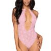 Body rosa pizzo elasticizzato scollatura profonda catene dorate rimovibili femminile sensuale elegante raffinata seducente
