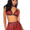 Costume scolara minigonna plissettata reggiseno pizzo dettagli pelle sintetica sensuale elegante raffinata seducente femminile