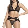 Set lingerie tre pezzi rete nera trasparente cintura alta design moderno elegante sensuale femminile