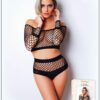 set due pezzi rete maglia larga Clara Morgane top fascia spalle scoperte maniche lunghe slip vita alta fianchi elasticizzato morbido