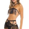 Set lingerie nero tre pezzi top frange gonnellino perizoma coordinato elegante sensuale raffinata seducente