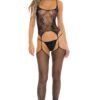 body rete bustier floreale calze messaggio stampato esplicito Fuck all night scopa notturna perizoma coordinato René Rofé nylon spandex