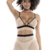 Completo lingerie sexy rete color carne e nero con reggiseno perizoma e gonna elegante