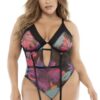 body nero taglia grande stampa fiori esotici coppe ferretto spalline regolabili reggicalze rimovibili chiusura regolabile cavallo poliestere elastan nylon