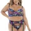 Set lingerie nero tre pezzi taglia grande fiori esotici reggiseno slip reggicalze elegante raffinato
