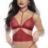 completo intimo tre pezzi pizzo rosso stampa cuori reggiseno spalline regolabili chiusura frontale imbracatura perizoma coordinato sensuale romantico sexy elegante
