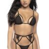 set lingerie rete nera tre pezzi reggiseno triangolo trasparente spalline regolabili reggicalze pizzo floreale ricamato perizoma coordinato