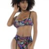 Set lingerie tre pezzi nero fiori esotici reggiseno reggicalze perizoma raffinato sensuale elegante raffinata