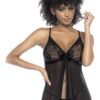 babydoll pizzo rete nero apertura frontale fiocco satinato scollatura regolabile spalline perizoma coordinato trasparente floreale romantico sexy elegante seducente elasticizzato