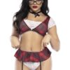 costume scolara sexy sensuale pizzo rete stampata gonna coordinata perizoma integrato fiocco raso raffinato femminile valorizzante silhouette audace elegante seducente