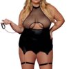 body donna nero raso sensuale elegante trasgressivo corsetto integrato reggicalze catene argentate schiena scoperta gioielli metallo modellante vellutato