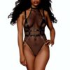 body rete nero string seducente sensuale schiena scoperta imbracatura similpelle spalline regolabili fibbie vita elastica catene drappeggiate ganci