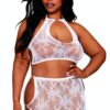 Set due pezzi taglia grande top gonna rete bianca fantasia floreale elegante sensuale raffinata