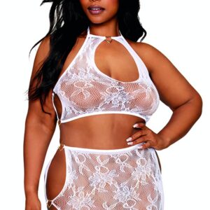 Set due pezzi taglia grande top gonna rete bianca fantasia floreale elegante sensuale raffinata