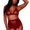 set lingerie quattro pezzi bordeaux pizzo rete bralette senza ferretto perizoma reggicalze elastico velluto trasparente sexy elegante