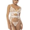 set due pezzi Maxine top stile corsetto perizoma coordinato pizzo bianco ricamato sensualità modellante reggicalze regolabili elegante femminile lussuoso