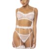 set tre pezzi lingerie bianco rete trasparente piume bordi reggiseno spalline regolabili reggicalze cintura perizoma coordinato sensuale elegante elasticizzato