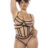 Set lingerie tre pezzi nero carne taglia grande reggiseno bustino perizoma elegante raffinato sensuale