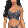 Bustier elegante in pizzo floreale blu con strass e perizoma coordinato rete sensuale raffinato